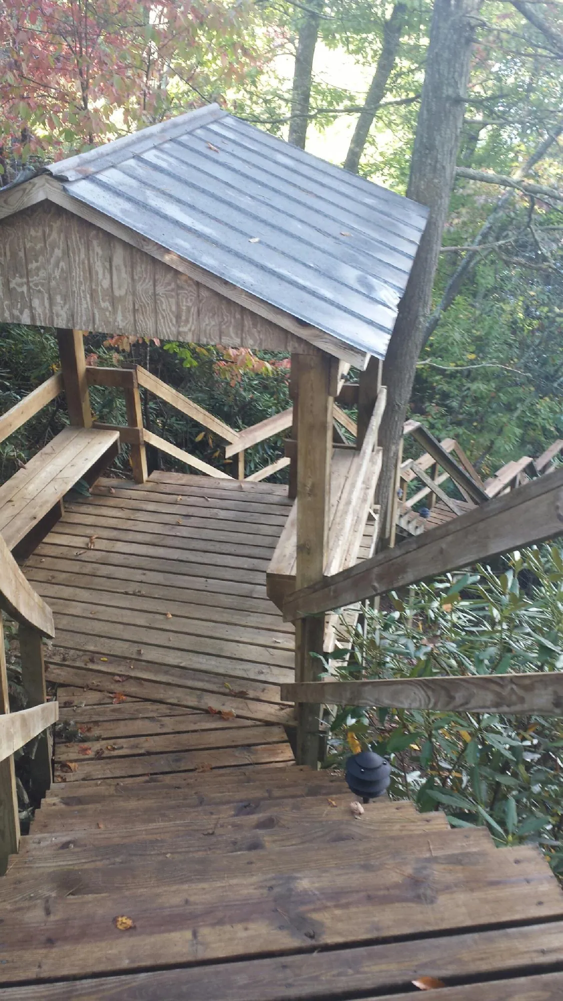 Metal roofed shelter over wooden steps on a wooded walkway — Skylight Repair & Installation work by our crew in Brightwood